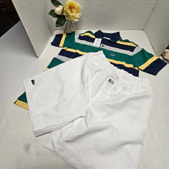 New LaCoste Sport Boy Striped Polo Shirt Stretch White Pants Logo Alligator 12